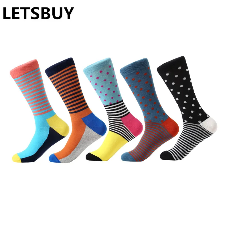 Letsbuy meias masculinas com pontos e listras, cores brilhantes, meias longas multi-coloridas para homens, negócios, vestido casual