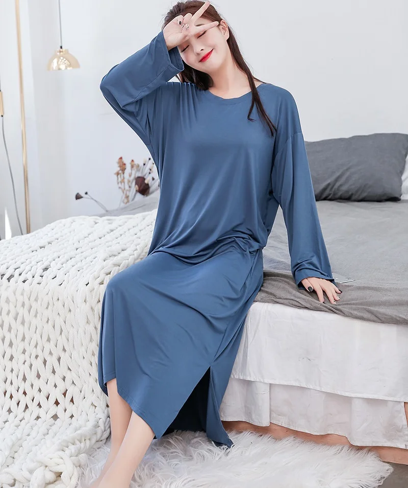Dark Blue as chart Ночные рубашки Модальные размера плюс, женские ночные рубашки, длинные ночные рубашки, мягкие ночные рубашки с круглым вырезом, одежда для сна, новинка - Цвет: Dark Blue as chart