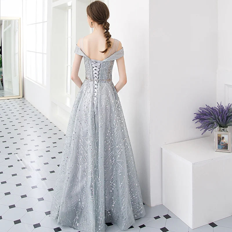 Женское вечернее платье до пола He's Bride элегантное серое с вырезом лодочкой и