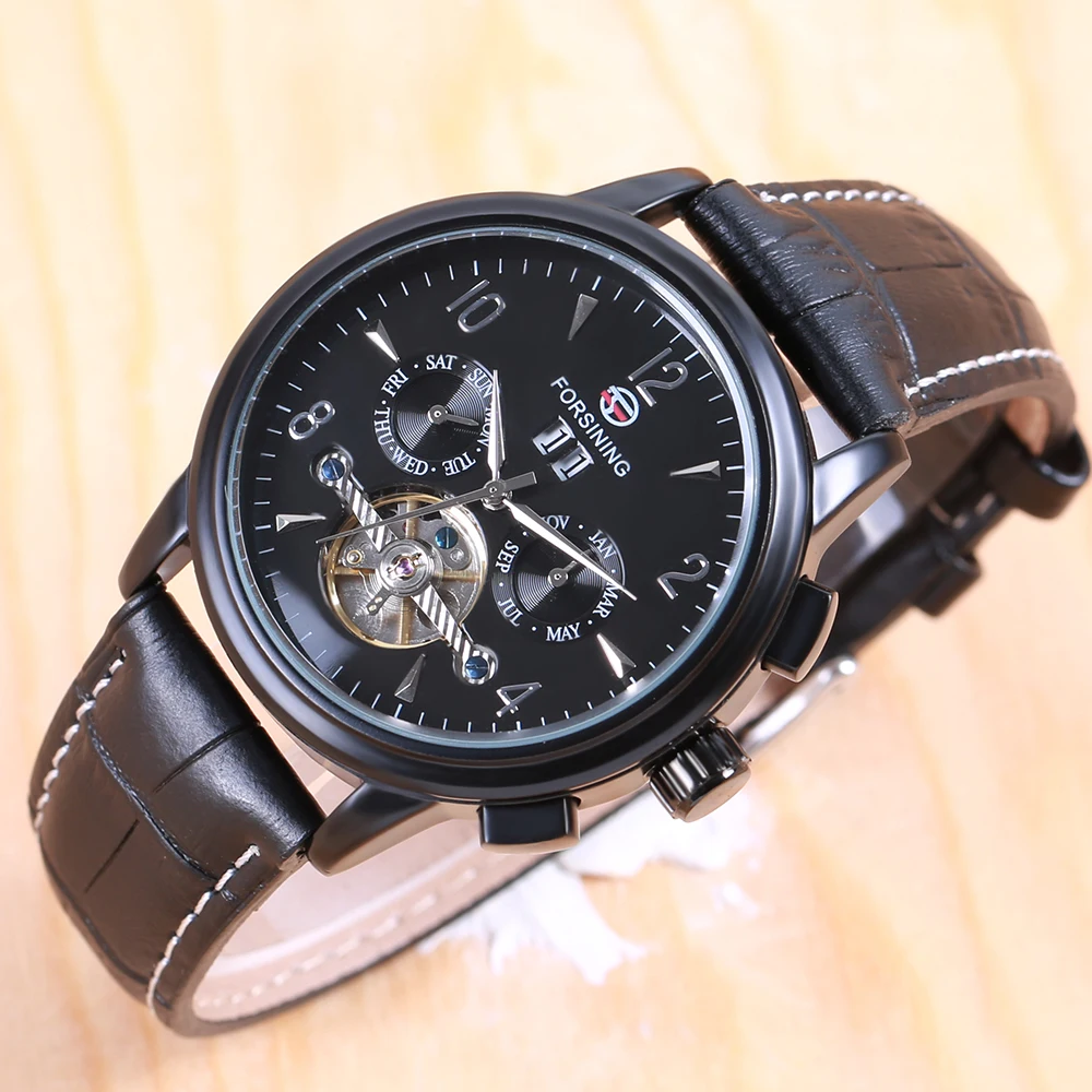2018 Forsining Tourbillion модные волнистые черные часы многофункциональный дисплей Мужские