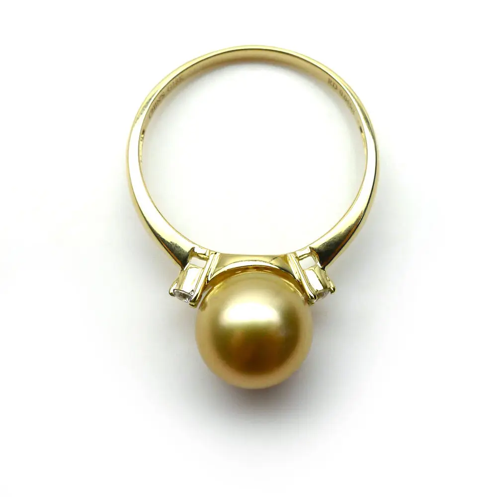 AAA 8-9mm Perfect Round Real South Sea Golden Pearl Diamond Ring 18K Yellow Gold | Украшения и аксессуары