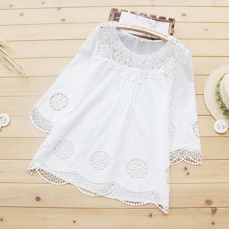 Женская кружевная рубашка повседневная белая с ажурной вышивкой U106|shirt top|mori girlmori top |