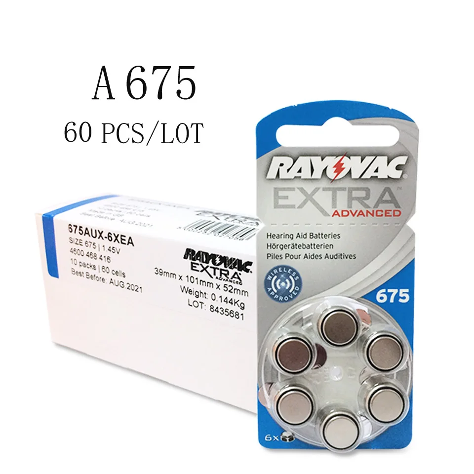 60 шт. Rayovac дополнительный цинк воздушный слуховой аппарат батареи 675A 675 A675 PR44 слуховой аппарат батарея A675 для слуховых аппаратов