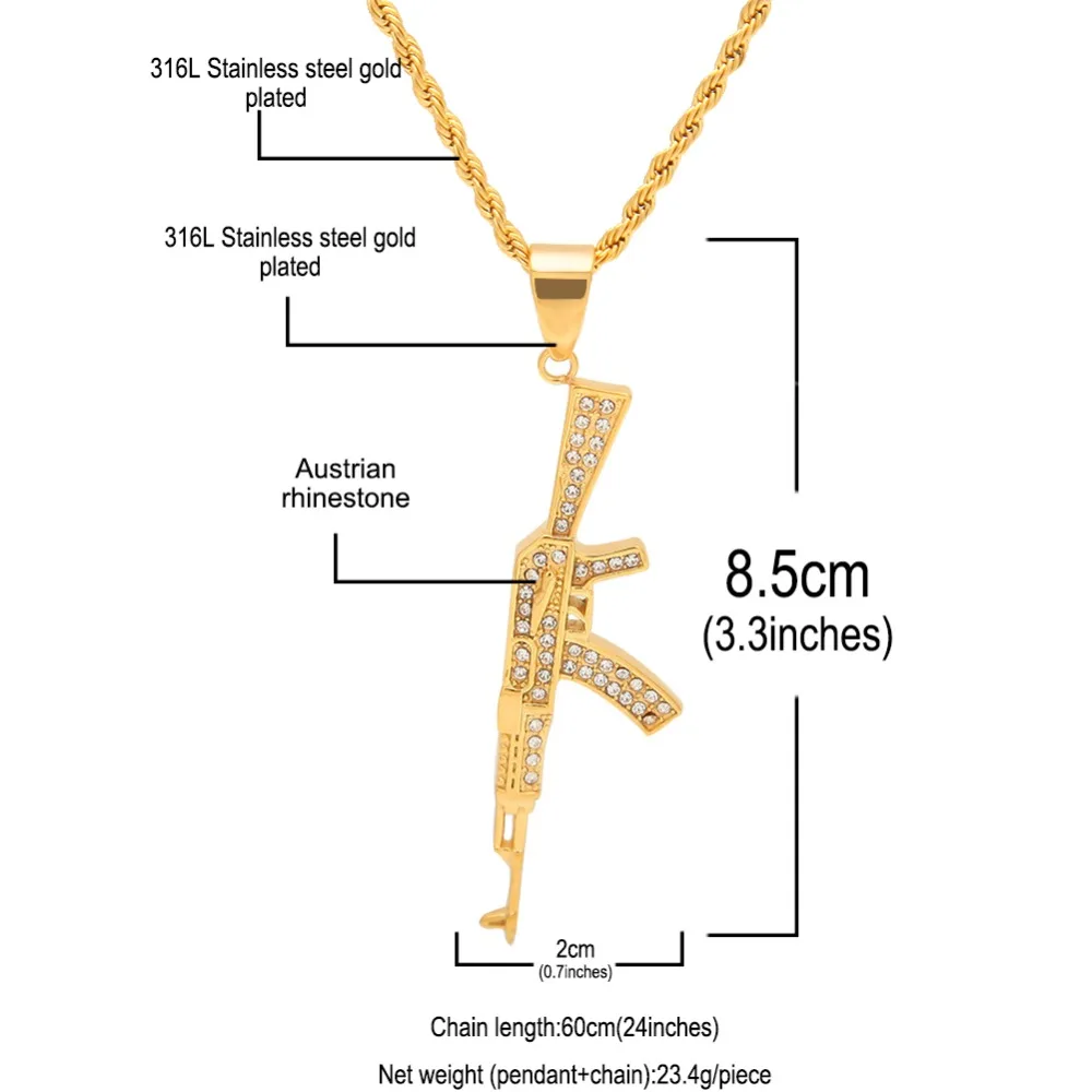 Ожерелье с кулоном в виде пистолета из нержавеющей стали золотого цвета 3 мм 24