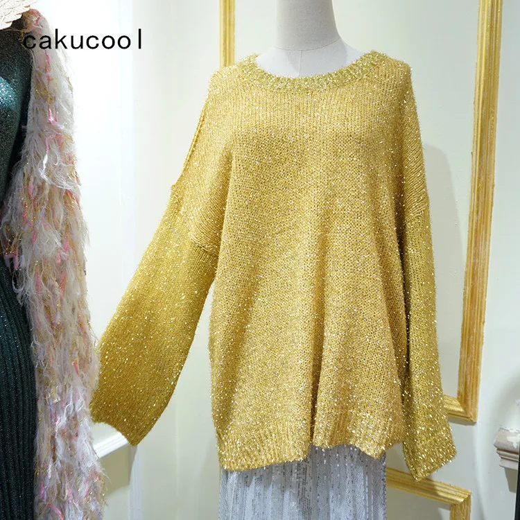 Cakucool Gold Lurex Shiny Sweaters Women Autumn Bling Round Neck Loose Knit Pullover Jumpers Korean Sweater Top Femme Christmas | Женская