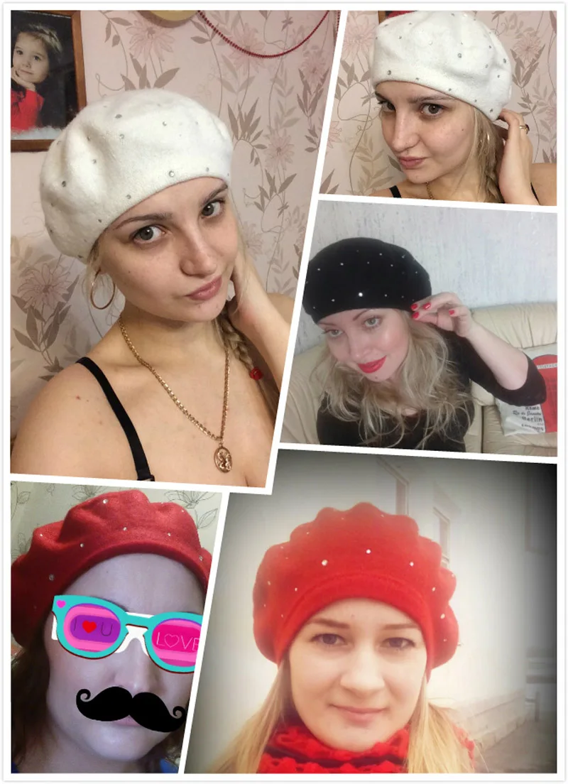 Модные однотонные теплые шерстяные весенние береты для женщин, французский берет для женщин с бриллиантами, лыжная шапка, 4 цвета