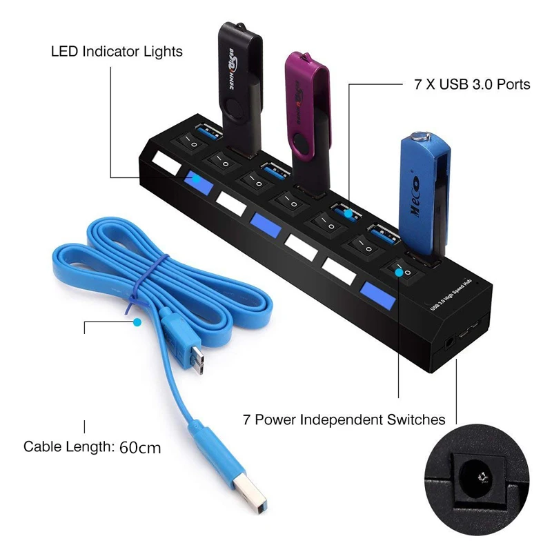 USB Hub 3 0 высокоскоростной 5 Гбит/с 7 портовый концентратор разветвитель вкл/выкл
