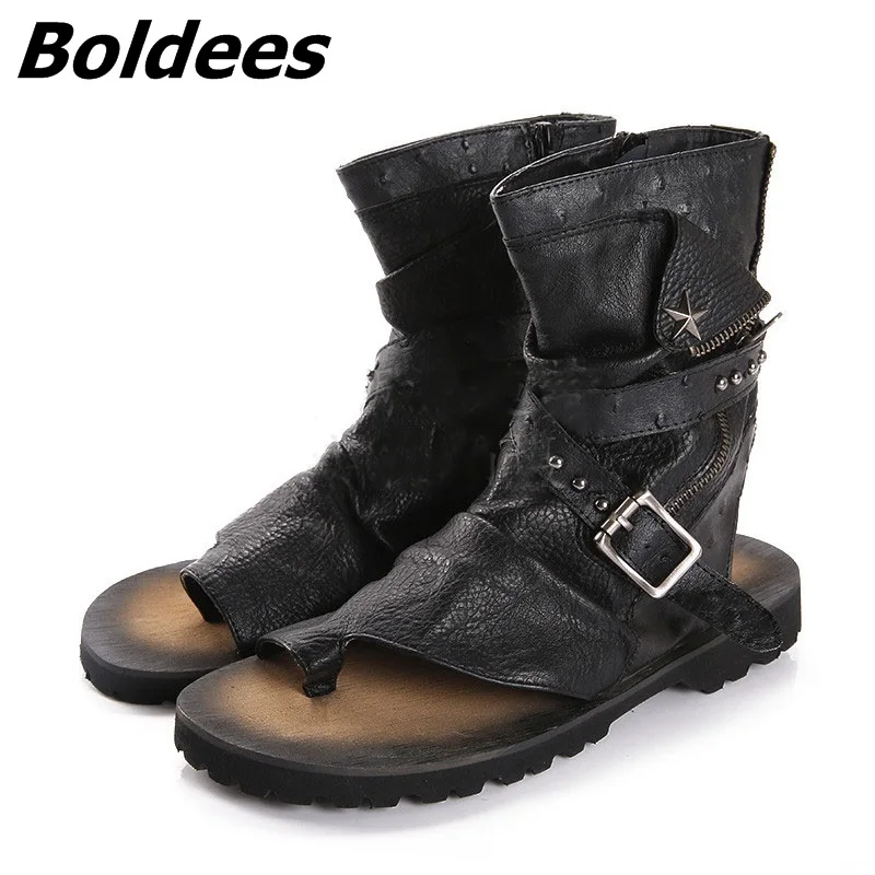 Boldees/модные мужские кожаные сандалии Черная повседневная обувь на молнии летние