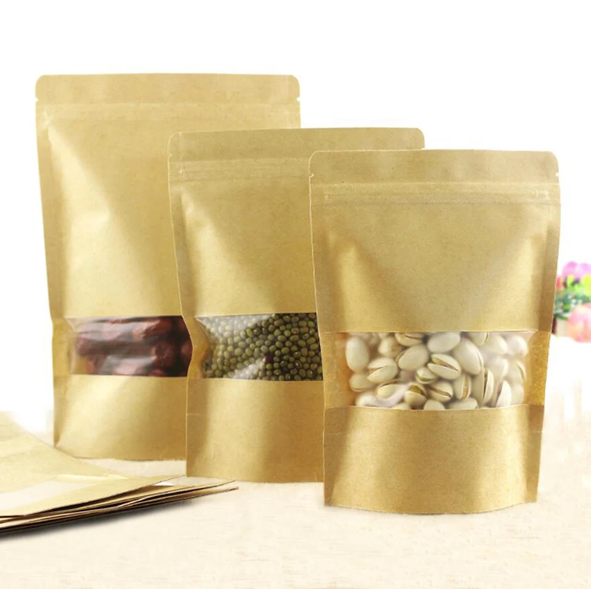 

14*20cm stand up Kraft paper bag ziplock bag with window, 100pcs/lot standing coffee bean/soybean paper pouch reusable