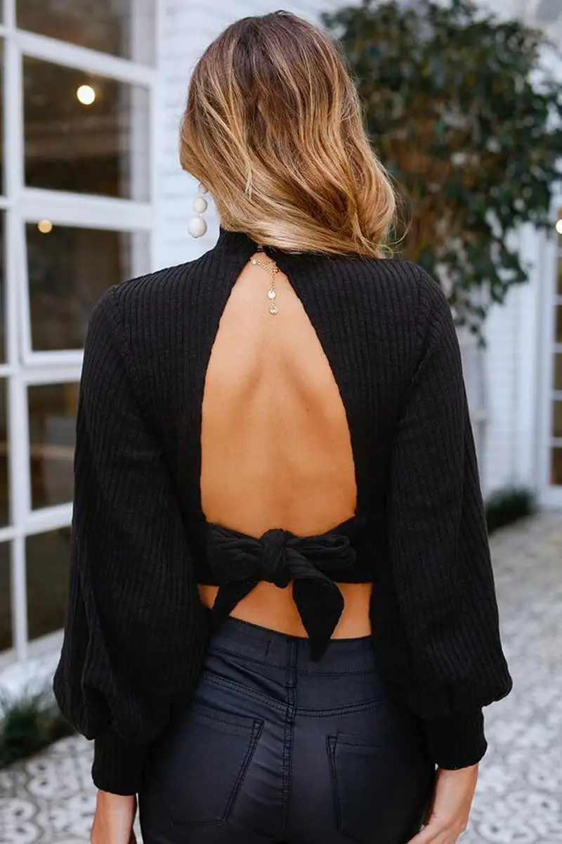 Осенняя Сексуальная Открытая открытая трикотажная длинный рукав Женщины