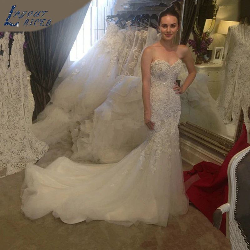 Женское свадебное платье русалка кружевное из тюля с бисером 2018|vestido de noiva|de noivabeaded