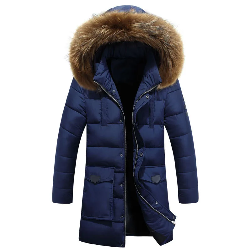 Новая трендовая черная парка для мужчин Doudoune Homme Hiver, зимняя мужская куртка, модный большой пуховик с меховым капюшоном и хлопковой подкладкой для мужчин