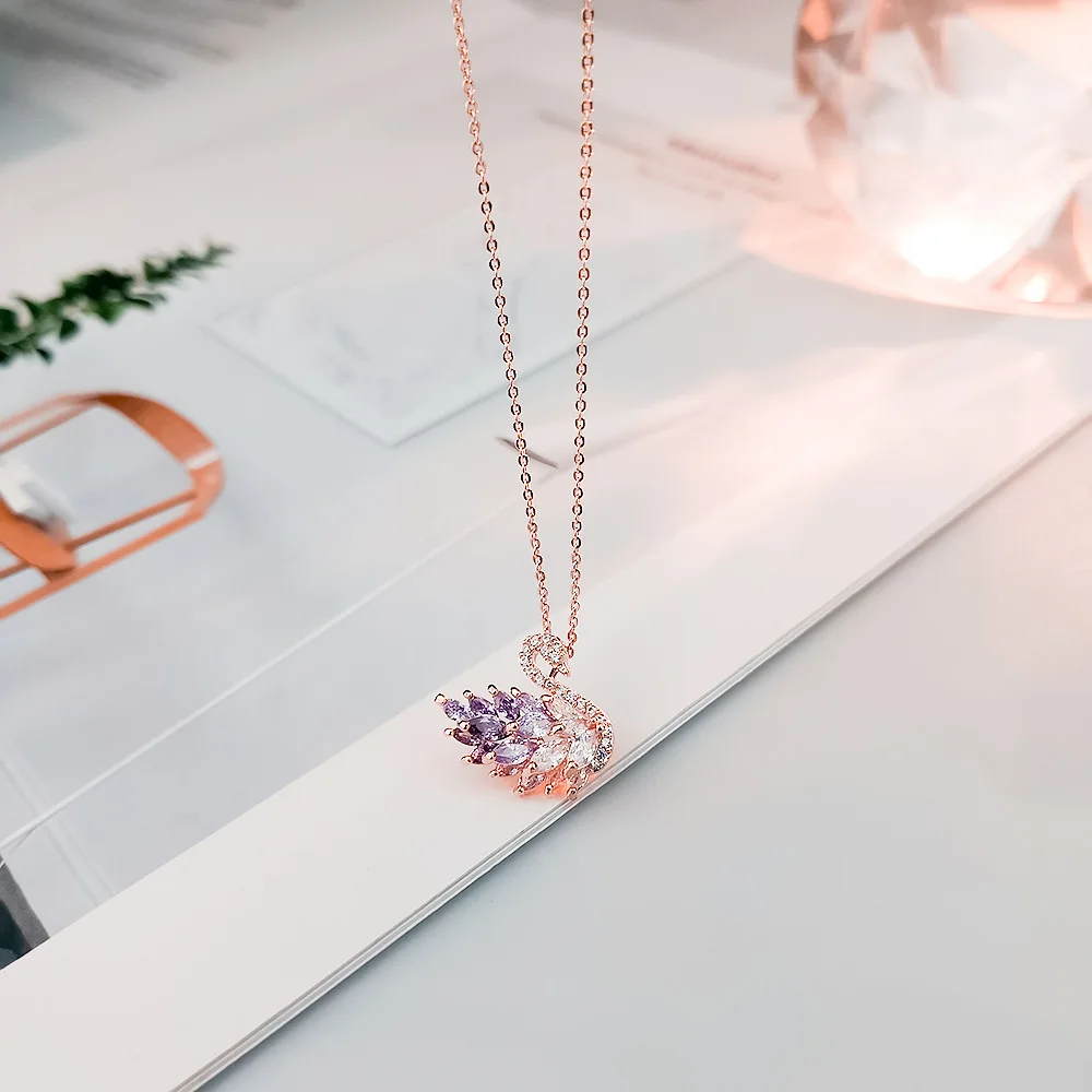 rose gold purple Yun ruo кубический цирконий камень с покрытием кулон в виде лебедя Цепочки и ожерелья Роза цвета: золотистый, серебристый Цвет Модные украшения подарок на день рождения Женская Прямая - Окраска металла: rose gold purple