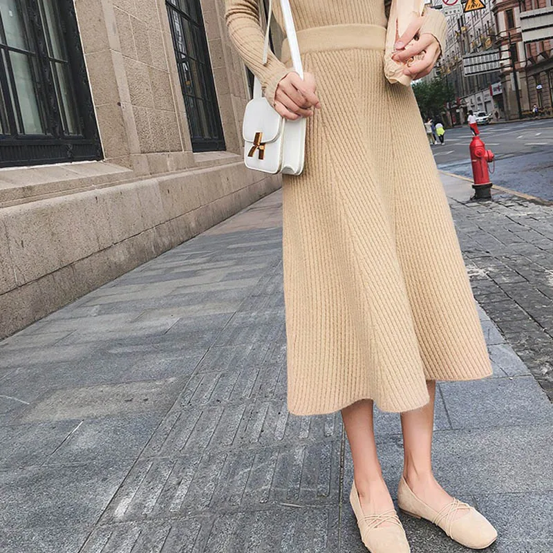 NORMOV Fashion Womens Autumn And Winter New High Waist Long Section Knitted Skirt Wool A Word Skirt Solid Color Casual Skirt - Цвет: Khaki