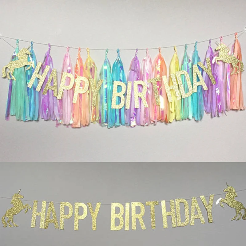 Единорог с днем баннеры для вечеринки на день рождения Baby Shower золото висит флаги