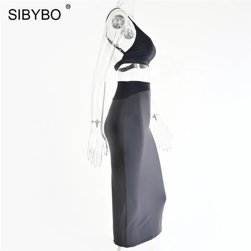Sibybo Backless Ribbed Sexy Two Piece Set Dress Women Sleeveless Bandage Summer Bodycon Dress High Waist Beach Club Party Dress