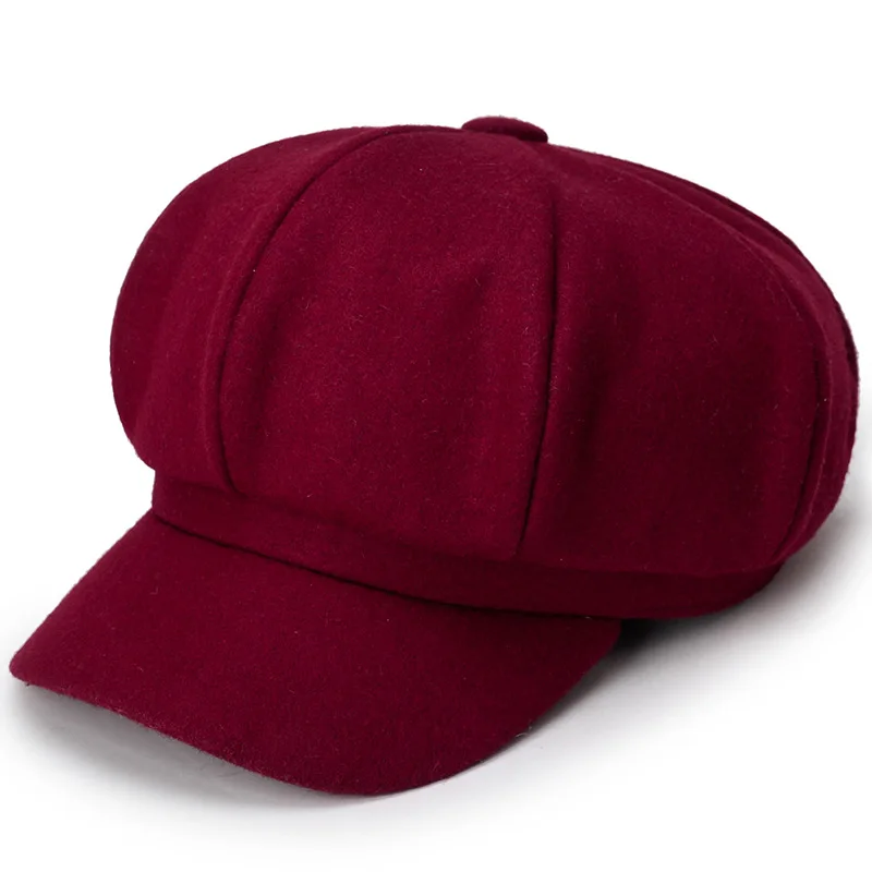 Wine Red Wuaumx, модные осенне-зимние Восьмиугольные шляпы для женщин, одноцветные кепки Newsboy, женская шляпа детектива, шапки художника, кепки для художника, кепки - Цвет: Wine Red