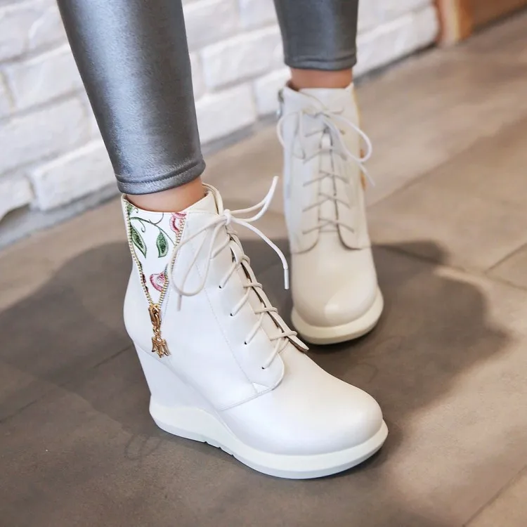 Womens Shoes Floral Printed Wedge High Heel Platform Ankle Boots PU Leather Casual Sneakers Side Zip 3Colors Korean Style A1168