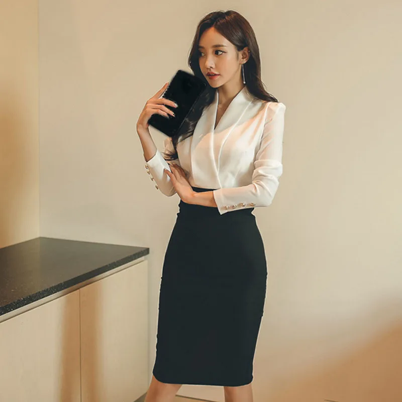 Fashion Women Pencil Dress White Black Patchwork Office Lady Solid Long Sleeve Ladies Midi Bodycon | Женская одежда