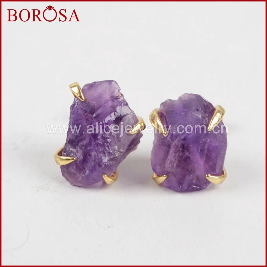 Серьги borosa золотистого цвета, грубые друза аметиста, серьги-гвоздики с кристаллами, женские драгоценные камни, ювелирные изделия ZG0134