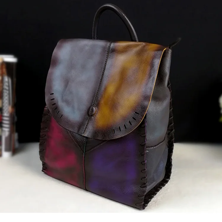 New High Quality Genuine Leather Backpacks Colorful Women Vintage Students Bag Female Handmade Leather School Bags