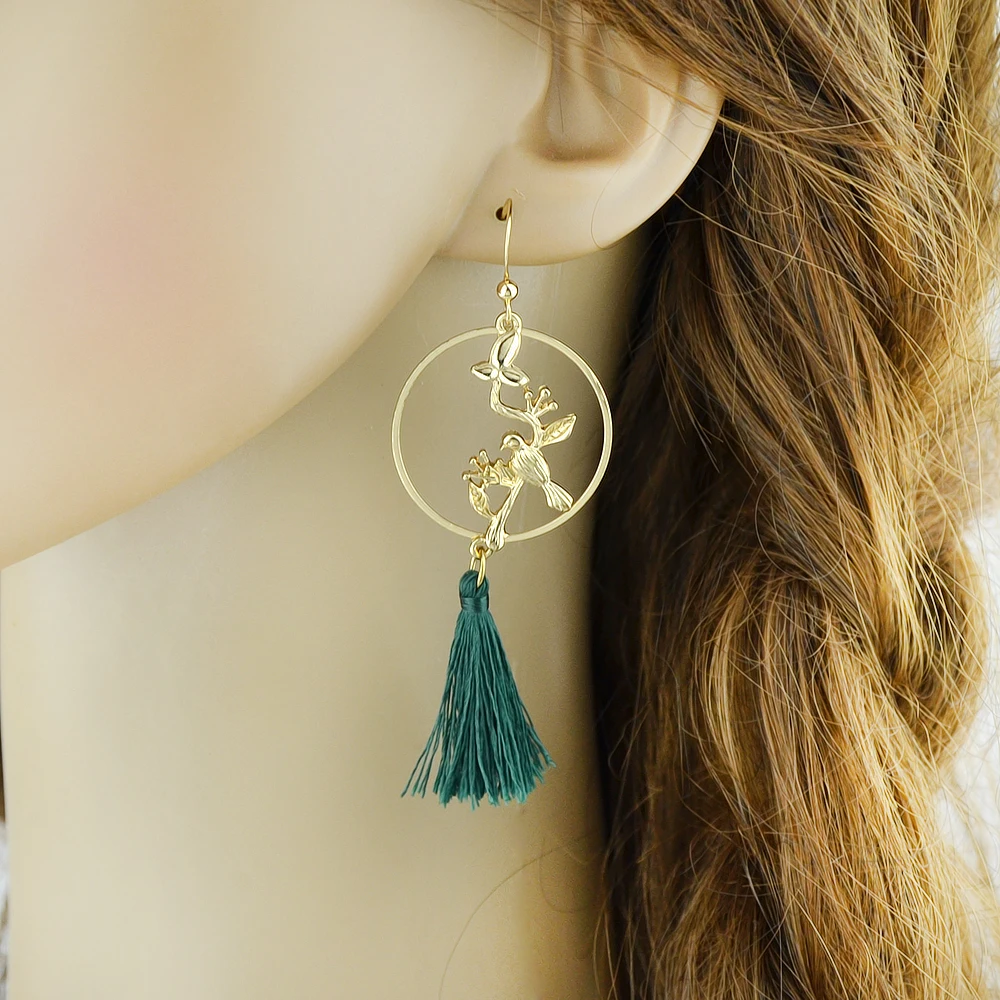 Модная бижутерия женский Boho Серьги золото-Цвет птицы на ветках Форма с зеленым