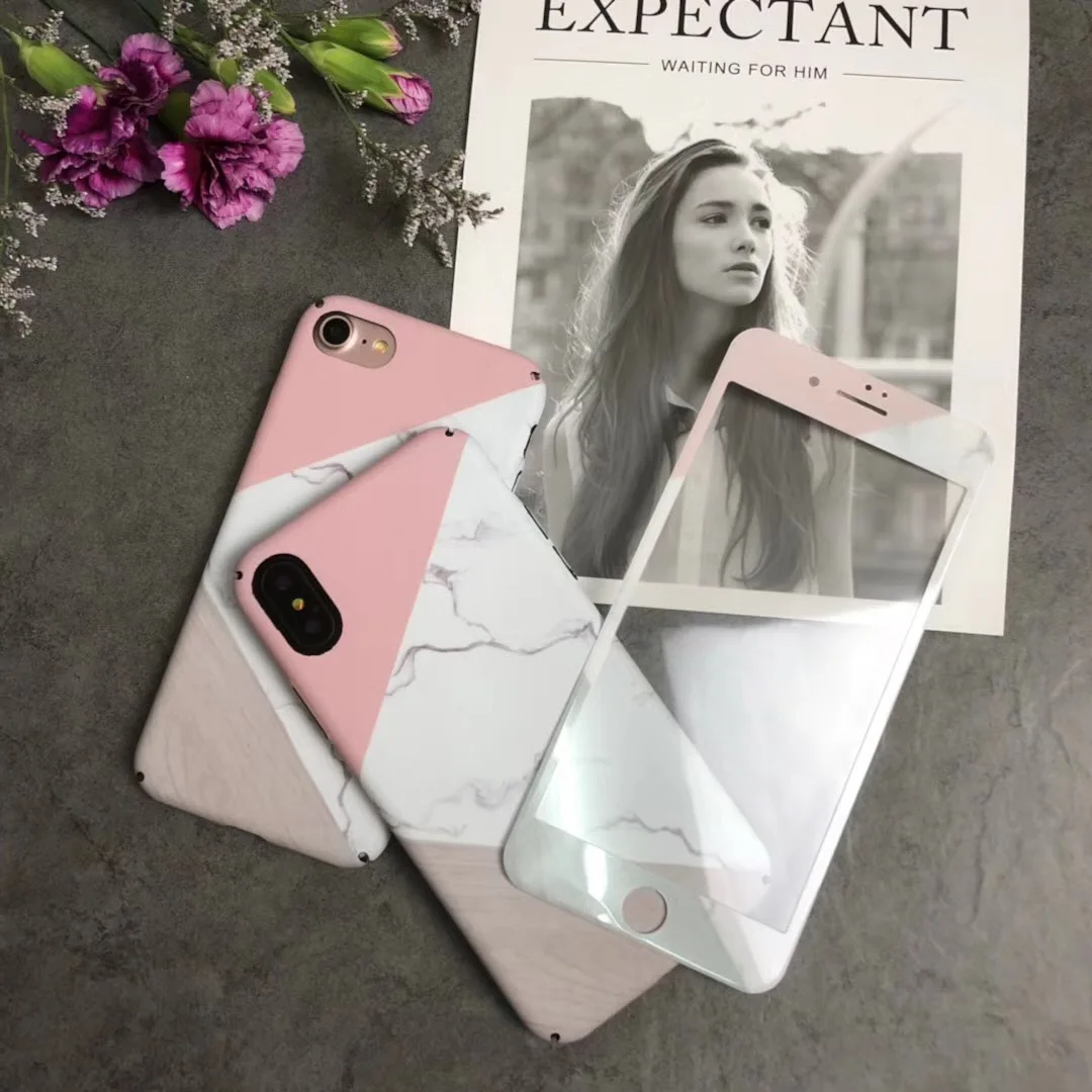 For iPhone X Marble Case + Tempered Glass matte hard PC back Cover for 7/ 7plus / 8/ 6s plus Screen color film fundas |