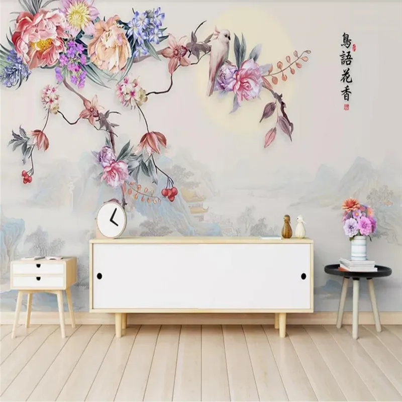 

Custom wallpaper hand-painted flowers and birds flowers landscape TV background wall decoration - high quality silk fabric
