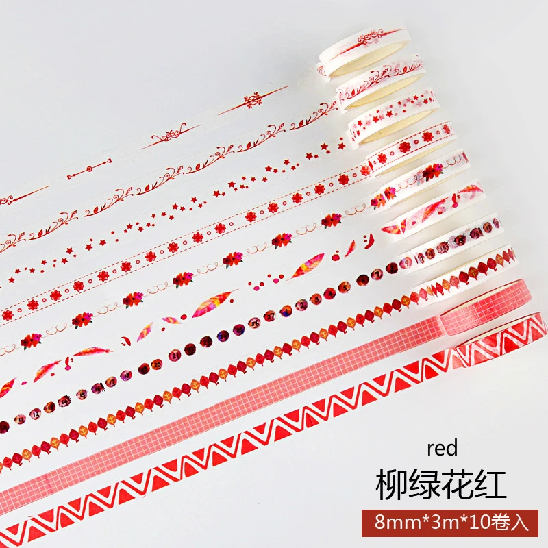 red 10 томов 12 стилей васи лента базовый цвет коробка бумажный Набор Ручка DIY стикер лента роза для украшения наклейки канцелярские принадлежности - Цвет: red