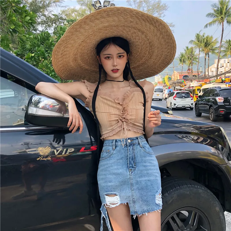 Chic Sling Crinkle Chiffon Tank Tops Lace Drawstring Camis Sexy Thin High Waist Pleated Vest Short Sleeveless shirts 2018 | Женская