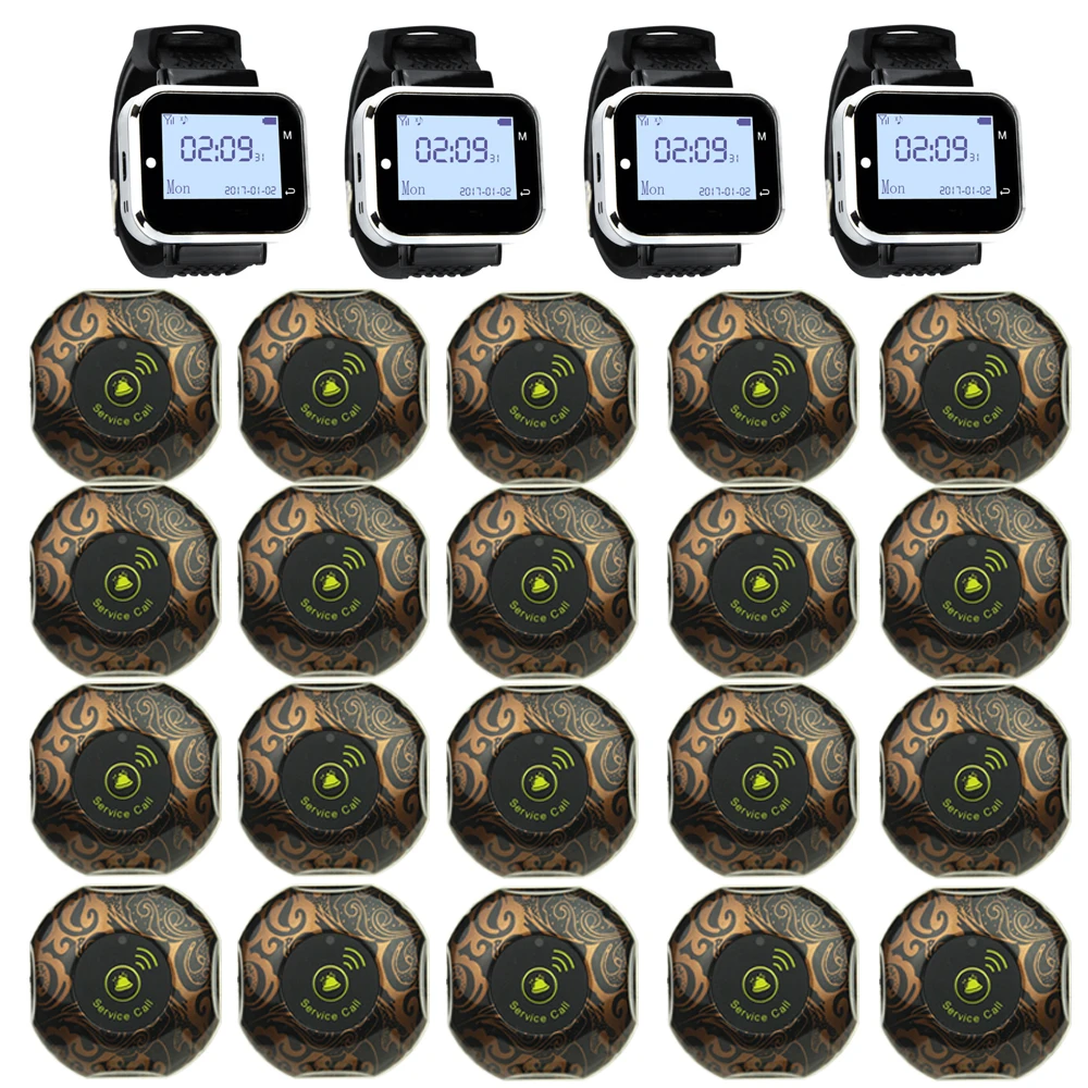 JINGLE BELLS 20 Calling Buttons 4 Watch Pager receiver for Restaurant, cafe bar Service Call Bell Wireless Guest Calling System