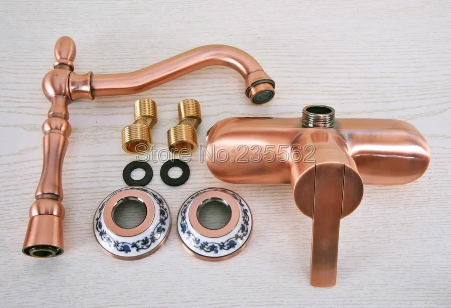 

Antique Red CopperBathroom Basin Faucet Swivel Spout Wall Mounted Mixer Tap Lnf938