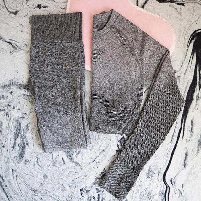 Gray Set Женский бесшовный комплект для йоги с эффектом омбре, укороченные рубашки, спортивный костюм для тренировок, Женский комплект для фитнеса с длинным рукавом, одежда для активного отдыха+ леггинсы с резинкой на попе - Цвет: Gray Set