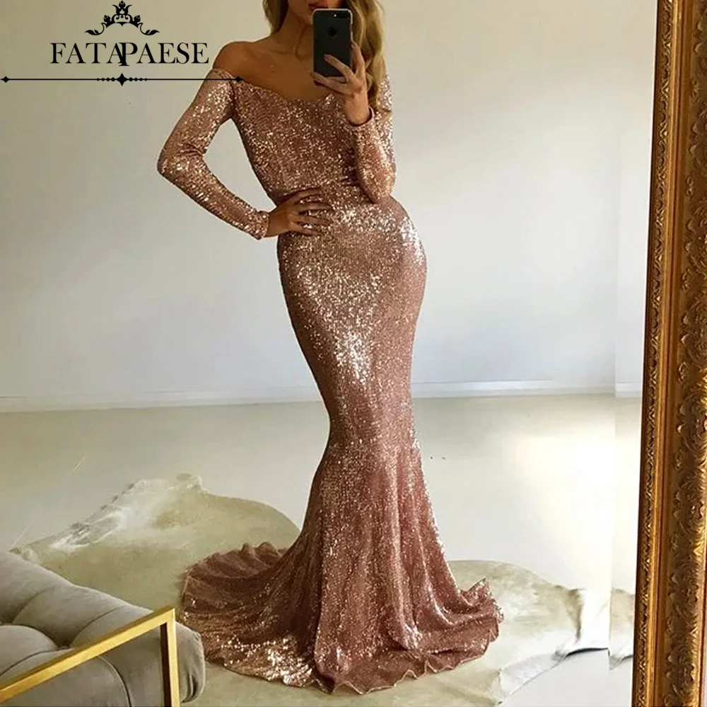 Халат de soiree с открытыми плечами розовое золото пайетками вечернее платье 2019