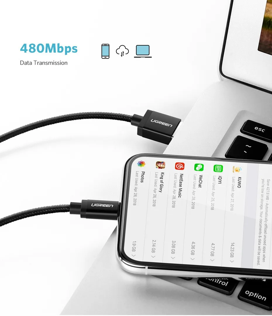 Ugreen 2.4a Lightning MFi USB кабель для iPhone 7 6 5 быстро Зарядное устройство USB кабель для iphone 8X5 5S iPad Ipod зарядки шнур