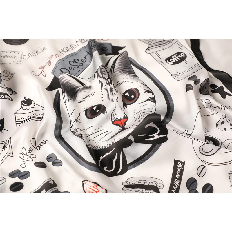 Luxury Brand New Fashion Summer Silk Square Scarf Women Cat Print Satin Neck Hair Tie Band Beach Hijab Head Female Foulard