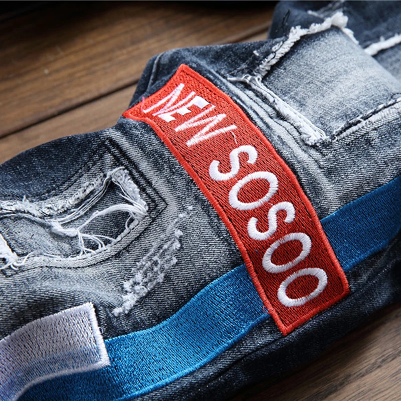 Высокое качество Для мужчин синий Винтаж с вышивкой надписями байкерские джинсы