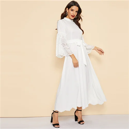 Белый SHEIN Длинное Платье С Поясом И Кружевным Рукавом, Приталенное Платье С Кружевом, Макси Платье С Оригинальными Рукавами - Цвет: Белый