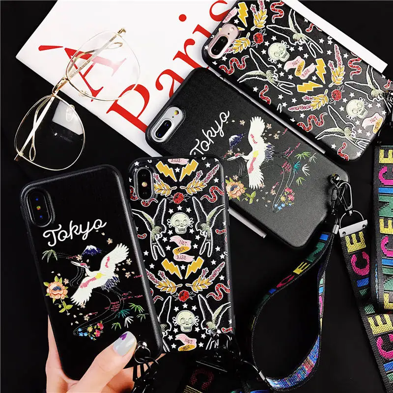 QINUO Cool Skull Hummingbird relief Strap Case For iPhone 6 6s 7 8 Plus Abstract Crane Flower Soft X XS Max XR |