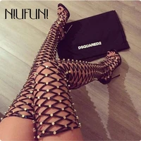 over knee boots hollow sandals boots gladiator high heels rivet open toe womens high boots fashion zip lace up 2021 party shoes