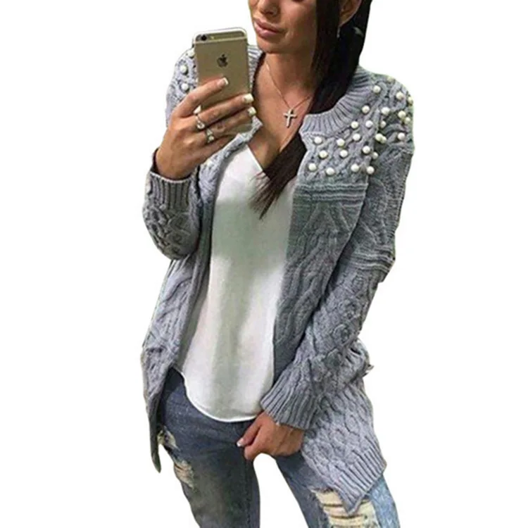 Autumn Women Causual Sweater Long-sleeved Loose Beaded Cardigan Female Knitted Open Stitch New Fashion Coats Outwear 2018 Jacket |
