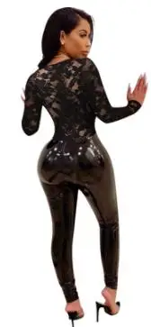 Черный кружевной кожаный комбинезон в стиле пэчворк женский сексуальный