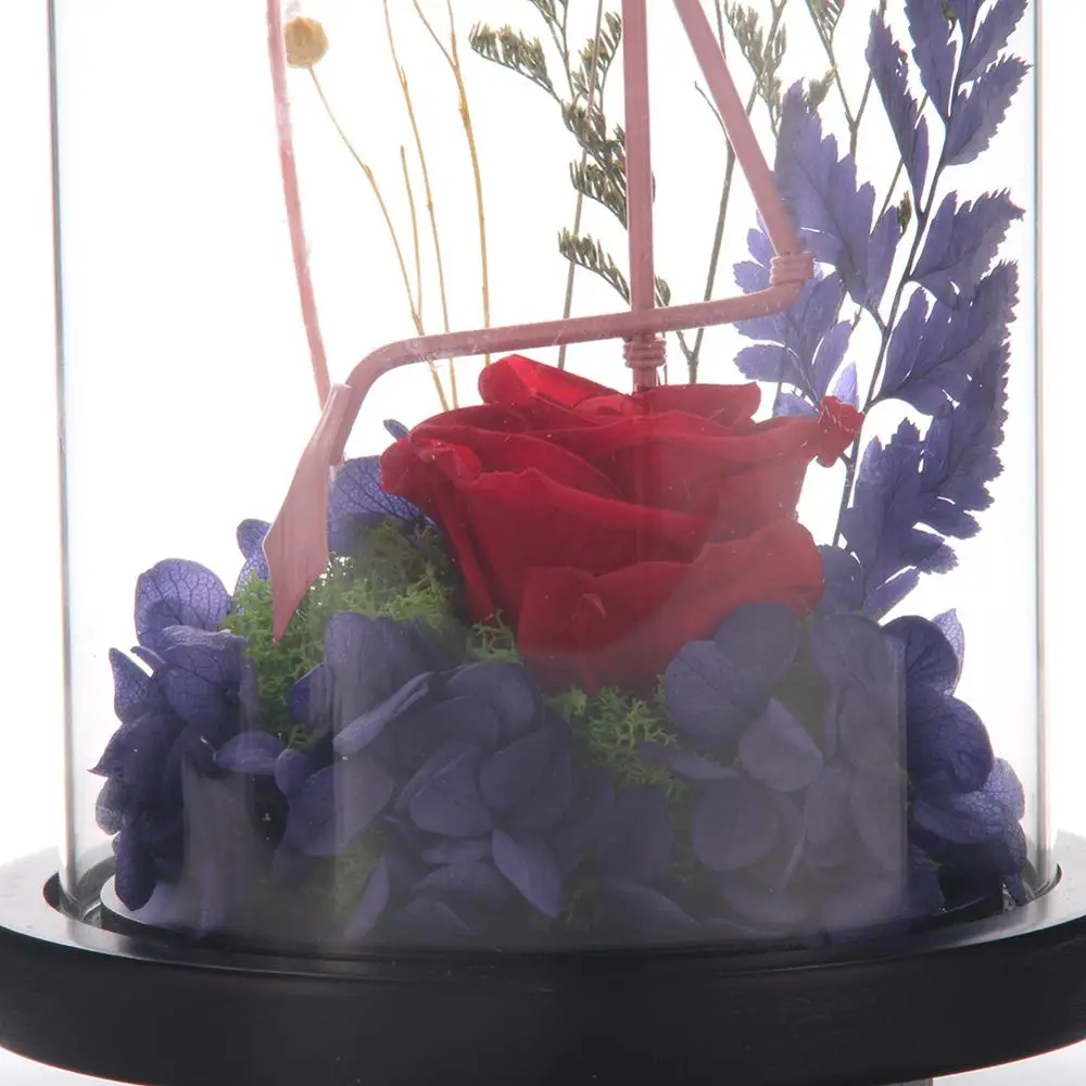 

Preserved Fresh Real Flower Rose Flamingo Decorations Home Decor in Glass Dome Bell Jar display Case Wooden Base Gift for Mother