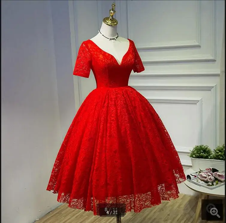 Новое поступление красное кружевное бальное платье свадебное с коротким рукавом