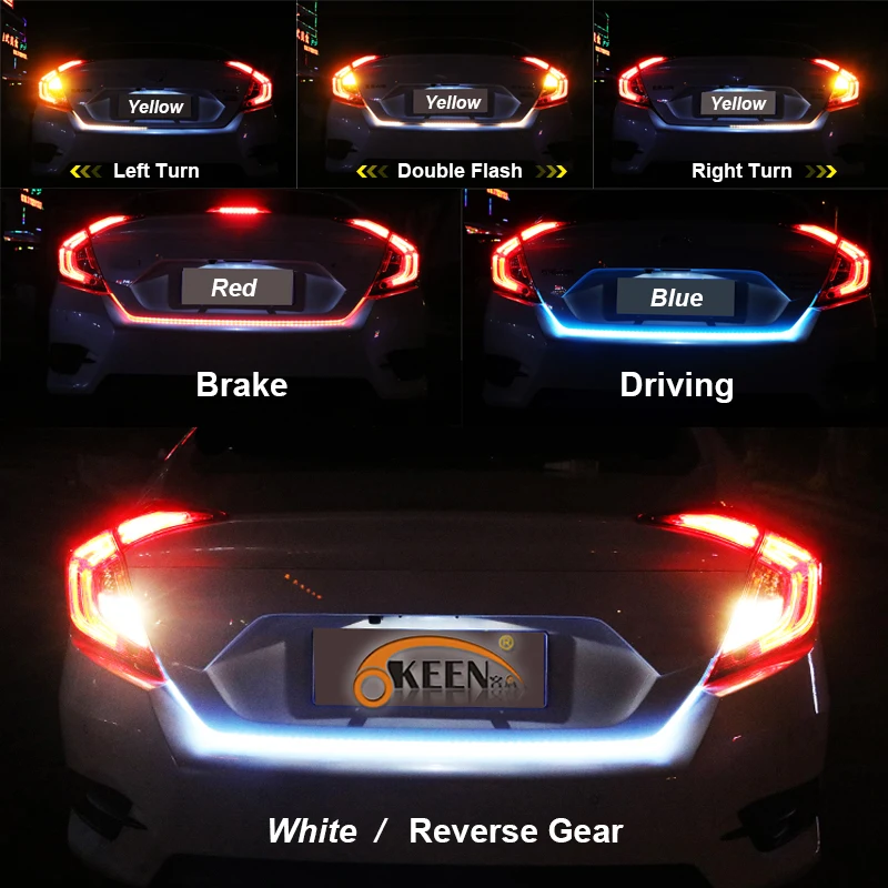 

OKEEN yellow/red/blue/white 120cm /150cm Flexible drl LED Trunk light strip dynamic turn signal Rear tailgate luggage led light