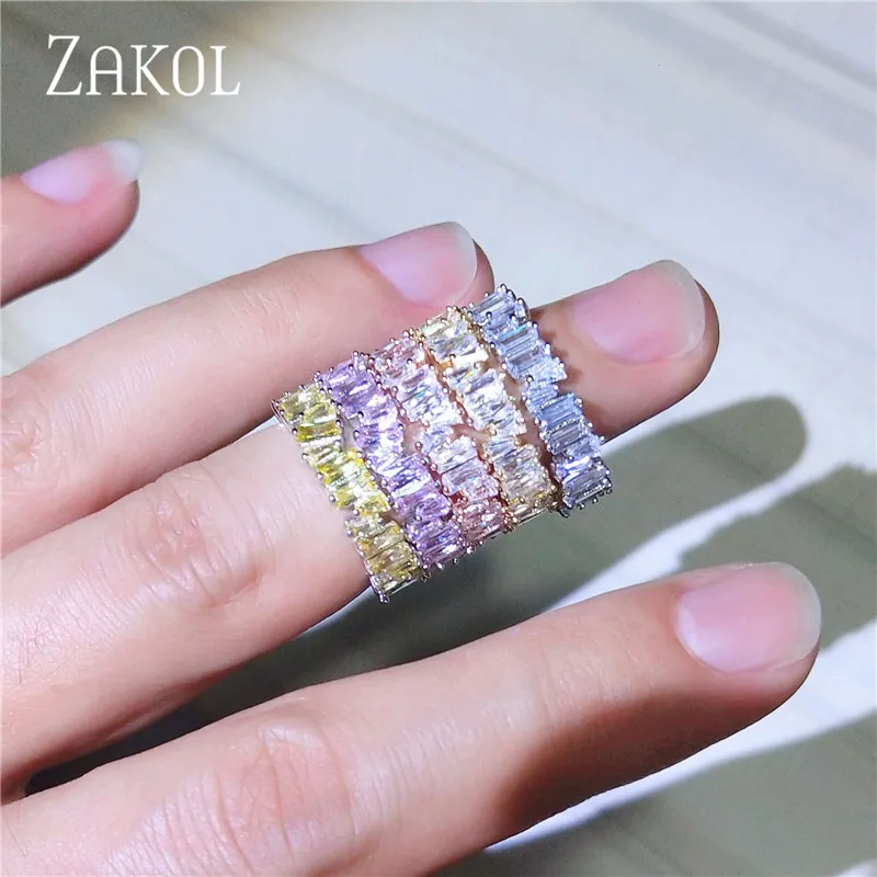 ZAKOL модная Роскошная разноцветная подвеска AAA багет Кубический Цирконий обручальные кольца для женщин Т-образный камень вечерние ювелирные изделия FSRP252