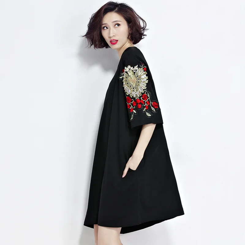 Новинка 2019 женские летние однотонные черные Лоскутные Длинные Топы с вышивкой