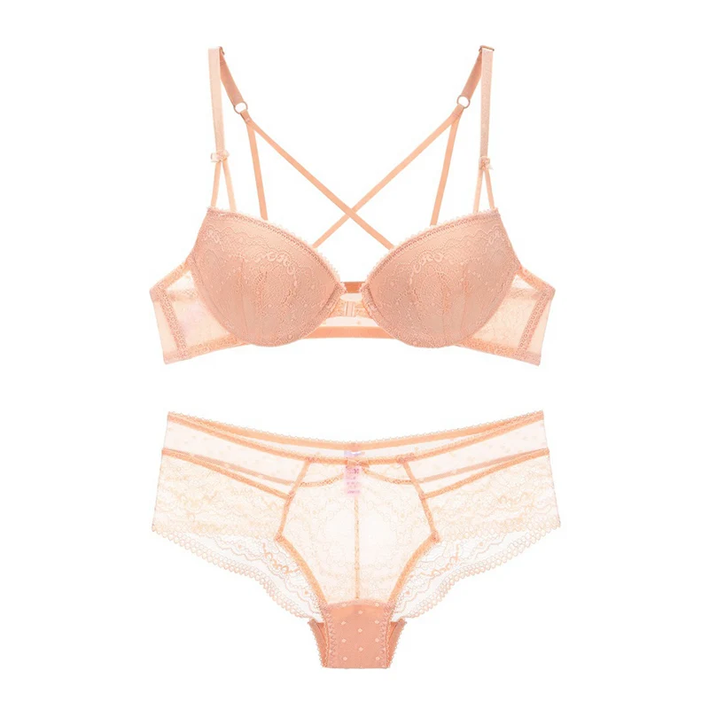 Skin pink Наборы бюстгальтер+ трусы, сексуальный кружевной комплект с застежкой спереди, нижнее белье на косточках с перекрестными лямками, бюстгальтер с открытой спиной и пуш-ап, женское нижнее белье, новинка - Цвет: Skin pink