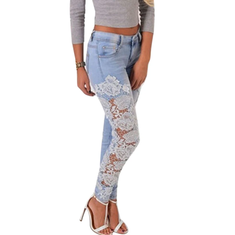 Laamei 2018 женские джинсы Полная длина карандаш брюки белые боковые кружевные