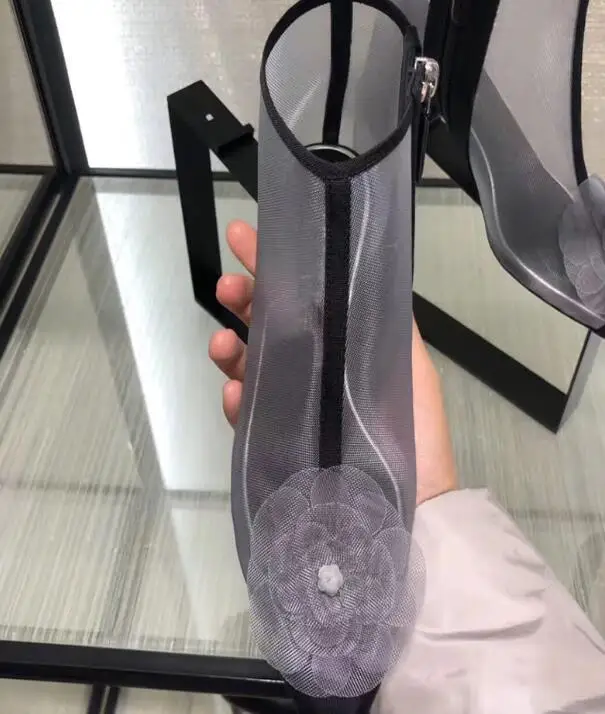 Pointed Toe Flower Clear Mesh Zipper Booties High Chunky Heels Summer Fashion Women Ankle Boots Patchwork Design Pumps - Цвет: as pic